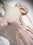 Pink Satin A Line Floor Length Prom Dress, Off Shoulder Short Sleeve Prom Dress