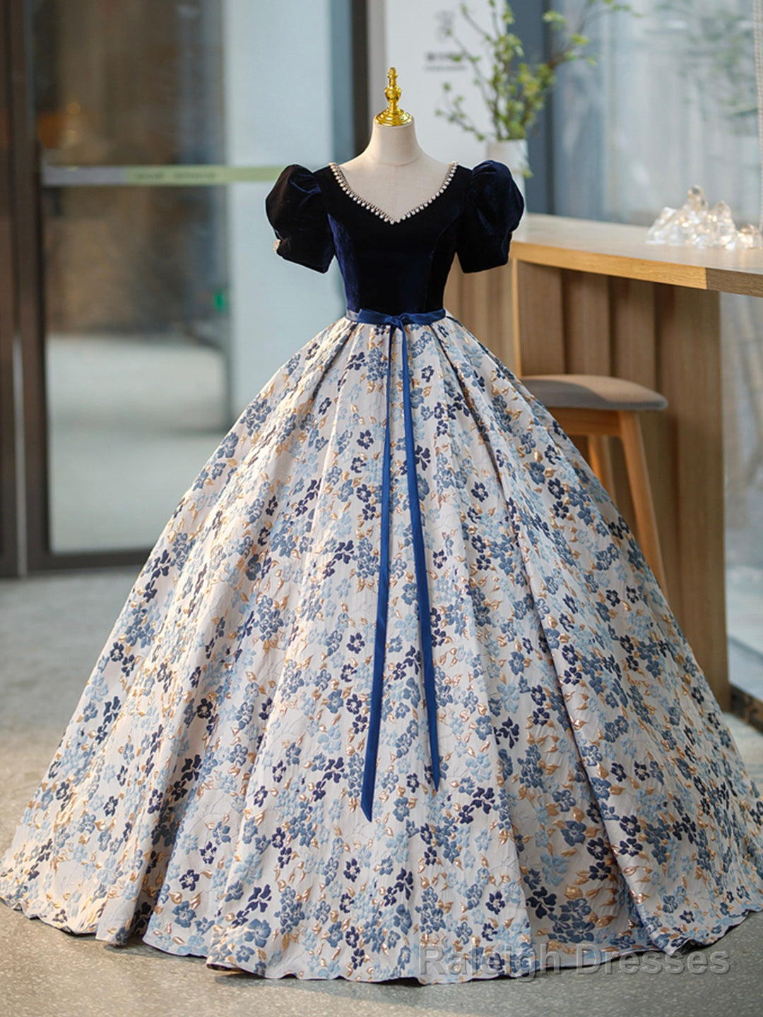 Blue V Neck Short Sleeve Ball Gowns, Blue A Line Velvet Floor Length Prom Dress