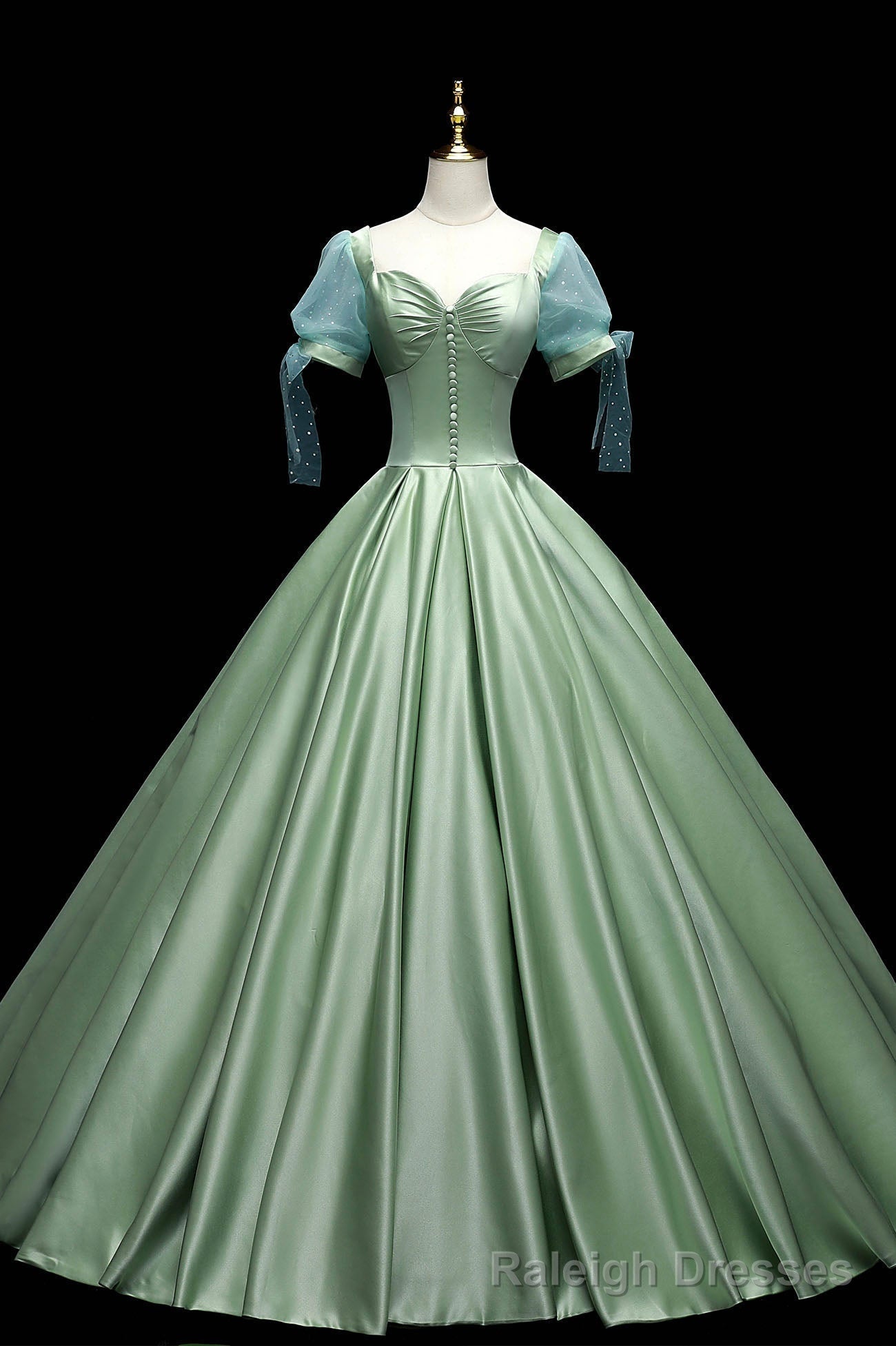 Green Satin Long A Line Ball Gowns, Green Short Sleeve Prom Gowns