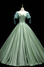 Green Satin Long A Line Ball Gowns, Green Short Sleeve Prom Gowns