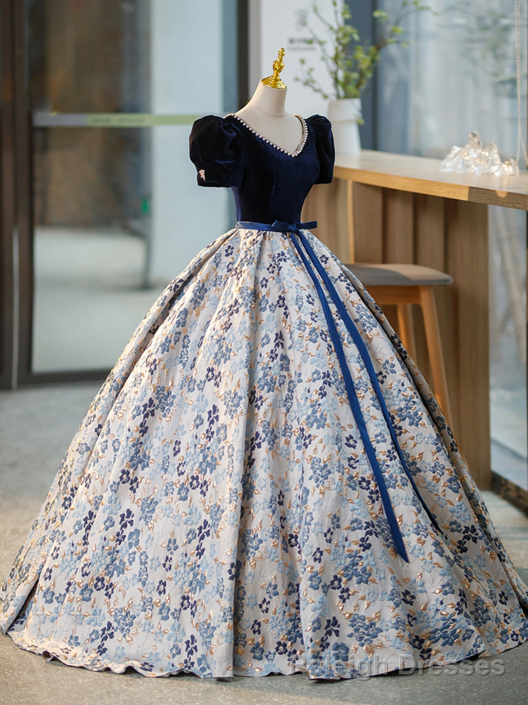 Blue V Neck Short Sleeve Ball Gowns, Blue A Line Velvet Floor Length Prom Dress