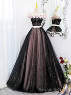Black Tulle and Pink Flowers Party Dress, Black  Off Shoulder Sweet 16 Dress