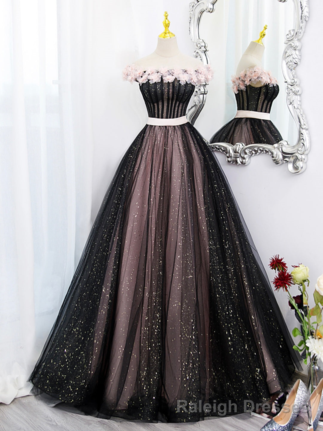 Black Tulle and Pink Flowers Party Dress, Black  Off Shoulder Sweet 16 Dress