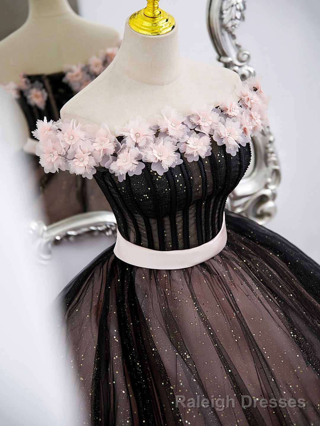 Black Tulle and Pink Flowers Party Dress, Black  Off Shoulder Sweet 16 Dress Secondary image