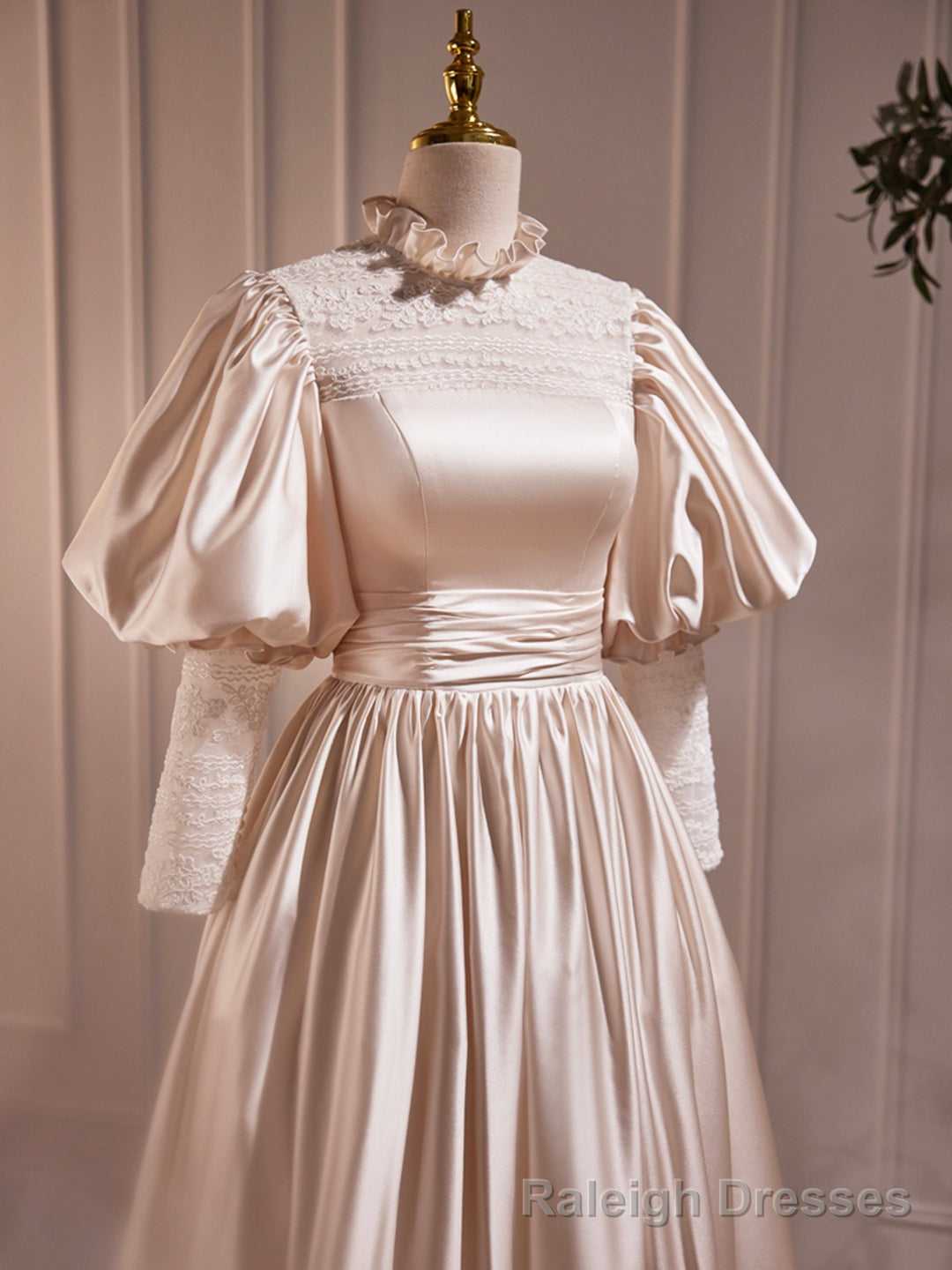 Champagne Satin Lace Long Sleeve Prom Dress, Champagne Evening Party Dress Secondary image