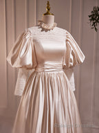 Champagne Satin Lace Long Sleeve Prom Dress, Champagne Prom Prom Dress