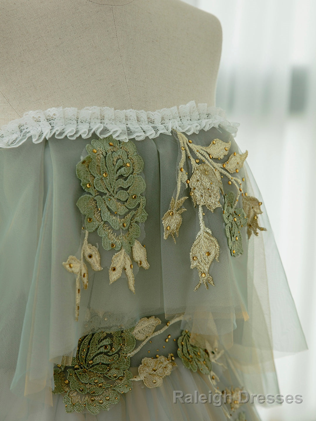 Green Tulle Lace Long Prom Dress, Green Off Shoulder Prom Prom Dress