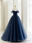 Off the Shoulder Tulle Long Prom Dress, A-Line Blue Formal Evening Dress