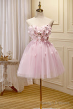 Pink Tulle Short Prom Dress, Pink A Line Strapless Homecoming Dress