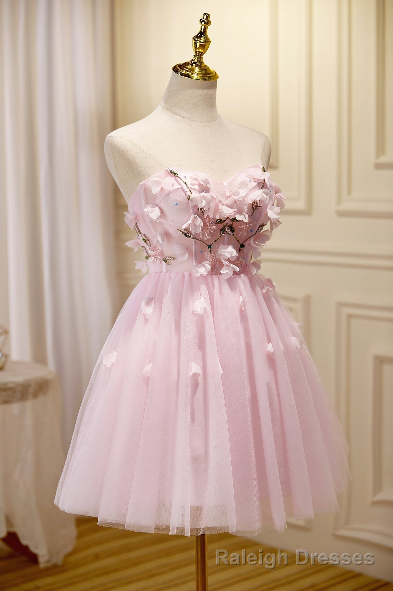 Pink Tulle Short Prom Dress, Pink A Line Strapless Homecoming Dress