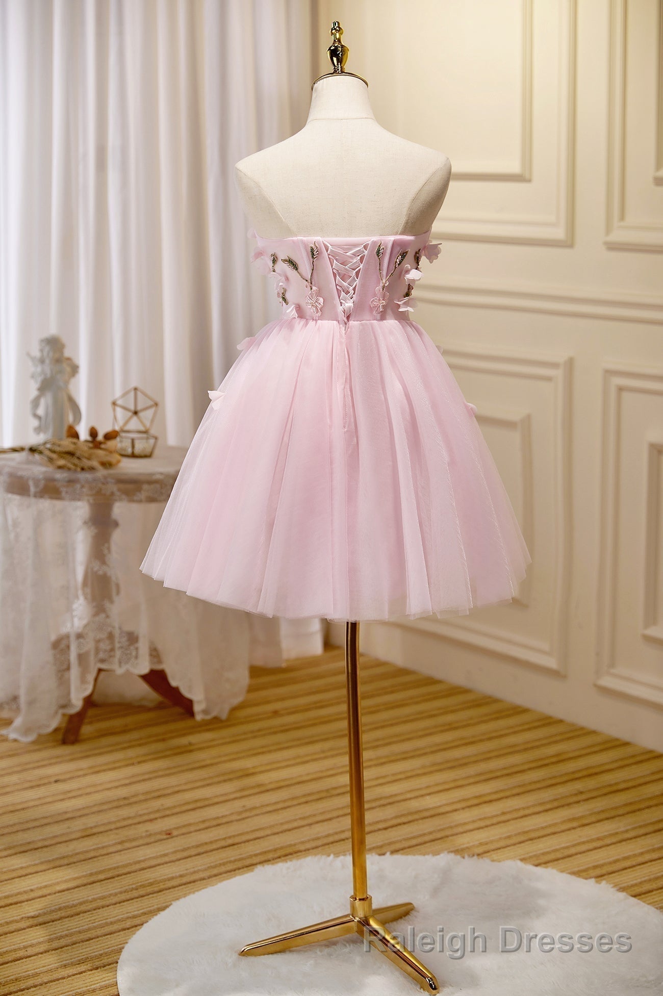 Pink Tulle Short Prom Dress, Pink A Line Strapless Homecoming Dress