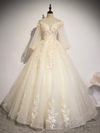 Champagne Tulle Lace Long Prom Dress, A Line Off the Shoulder Long Sleeve Prom Dress