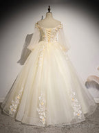 Champagne Tulle Lace Long Prom Dress, A Line Off the Shoulder Long Sleeve Prom Dress