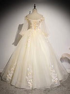 Champagne Tulle Lace Long Prom Dress, A-Line Off the Shoulder Long Sleeve Evening Dress