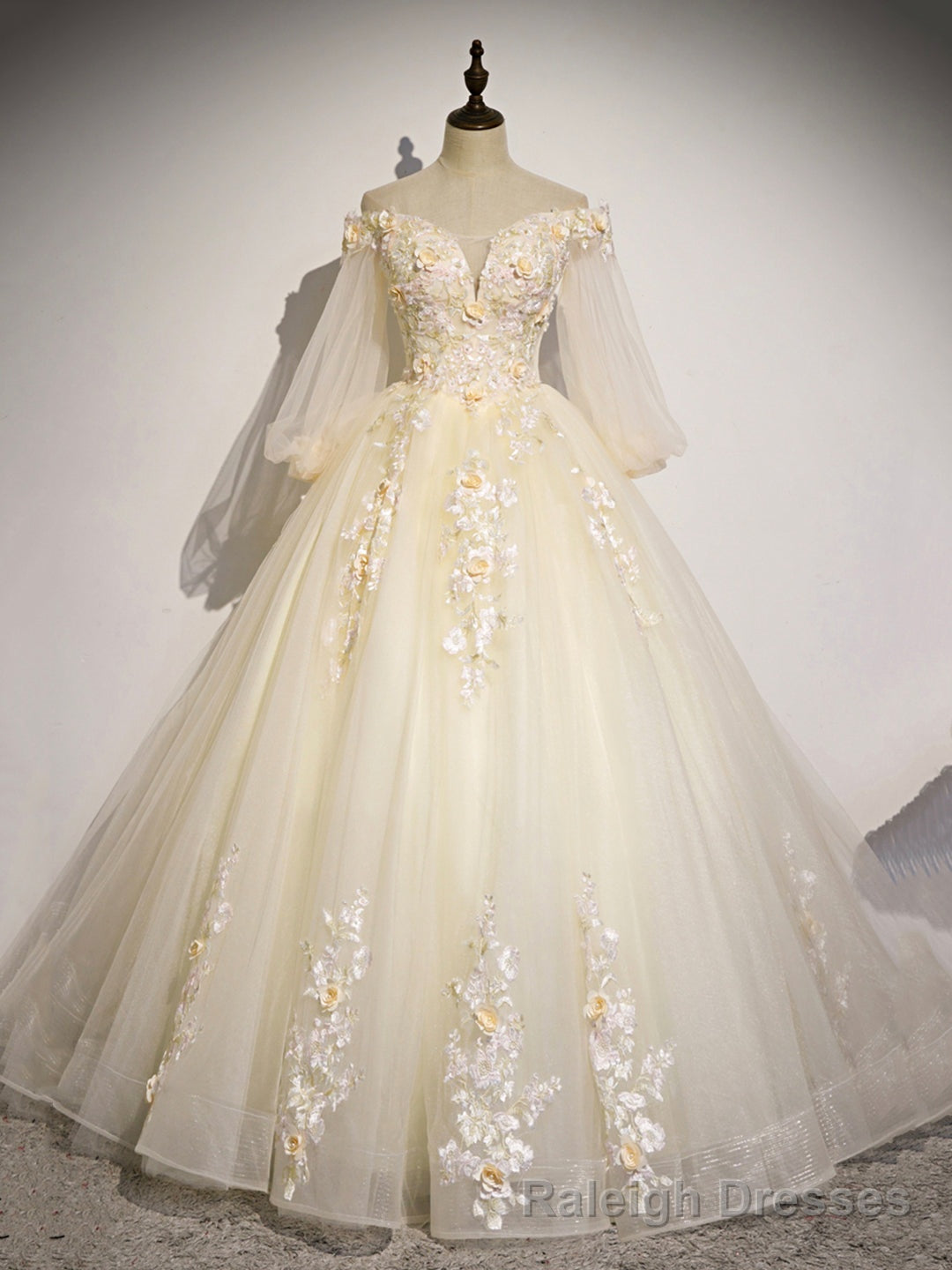 Champagne Tulle Lace Long Prom Dress, A Line Off the Shoulder Long Sleeve Prom Dress