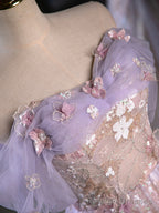 Purple A-Line Off the Shoulder Sequins Prom Dress, Lovely Tulle Corset Floor Length Evening Dress
