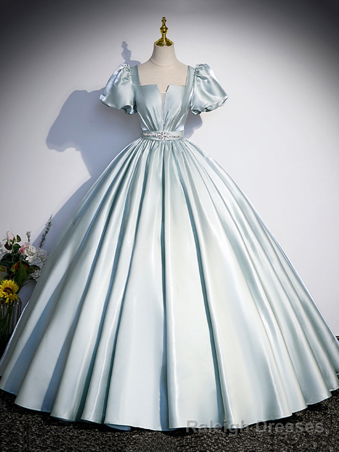 Beautiful Satin Floor Length Prom Dress, A-Line Short Sleeve Evening Party Dress Main image