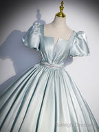 Beautiful Satin Floor Length Prom Dress, A Line Short Sleeve Prom Prom Dress