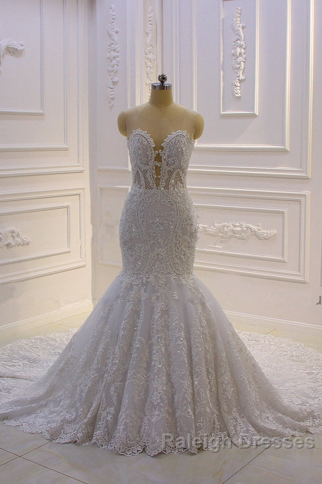 Luxurious 3D Lace Applique High Neck Tulle Mermaid Wedding Dresses Secondary image