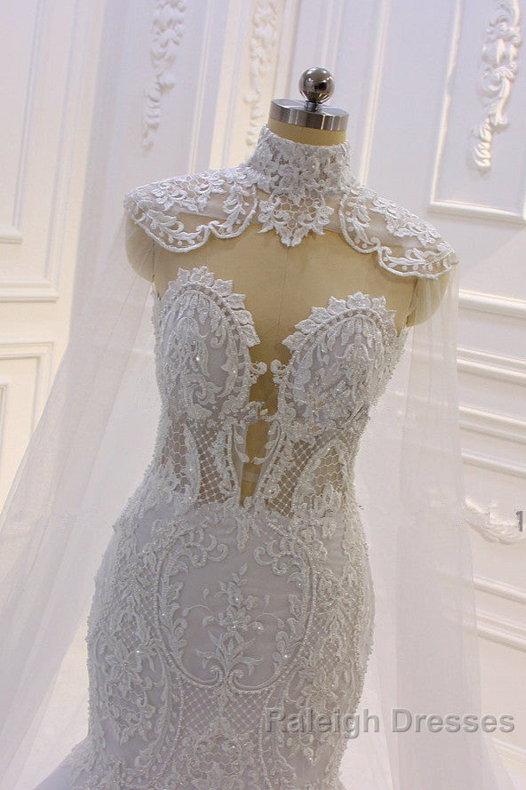 Luxurious 3D Lace Applique High Neck Tulle Mermaid Wedding Dresses