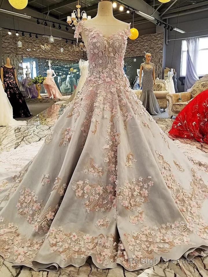 Luxurious 3D Lace Flowers Light Blue Satin Ball Gown Wedding Dresses Secondary image