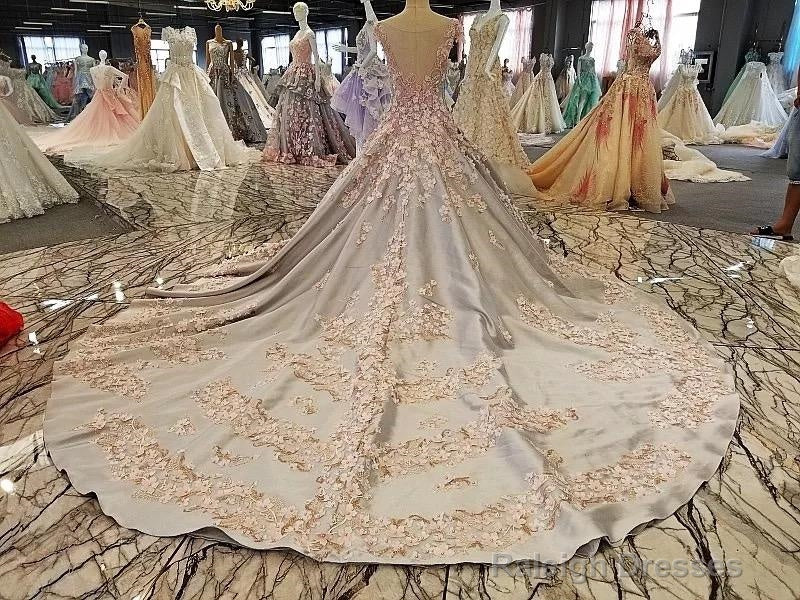 Luxurious 3D Lace Flowers Light Blue Satin Ball Gown Wedding Dresses