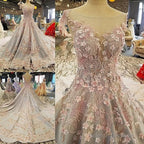 Luxurious 3D Lace Flowers Light Blue Satin Ball Gown Wedding Dresses