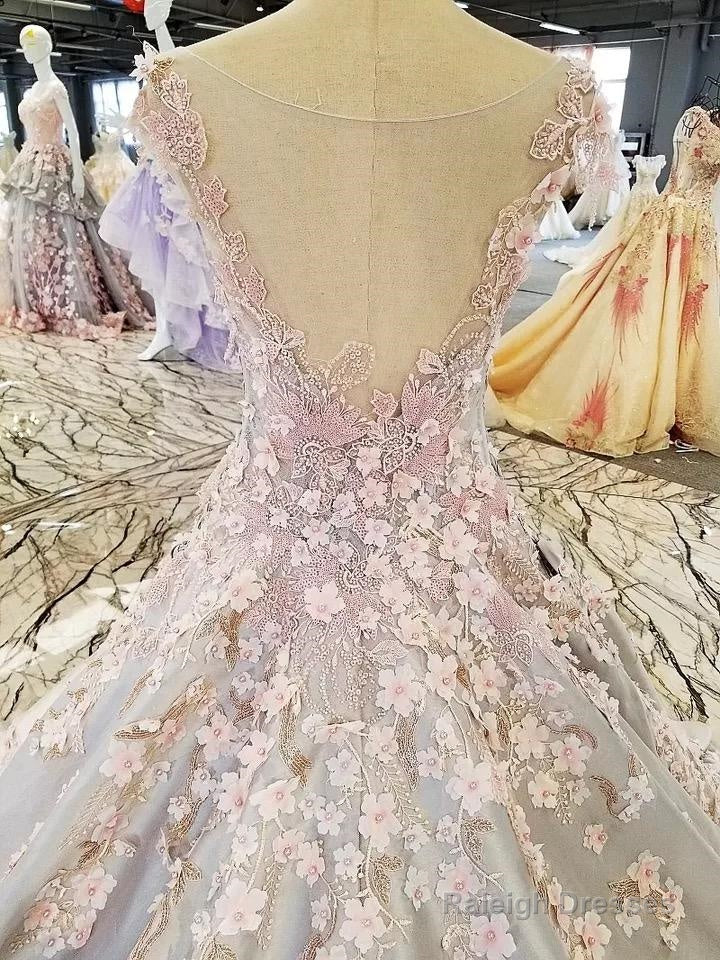 Luxurious 3D Lace Flowers Light Blue Satin Ball Gowns Wedding Dress