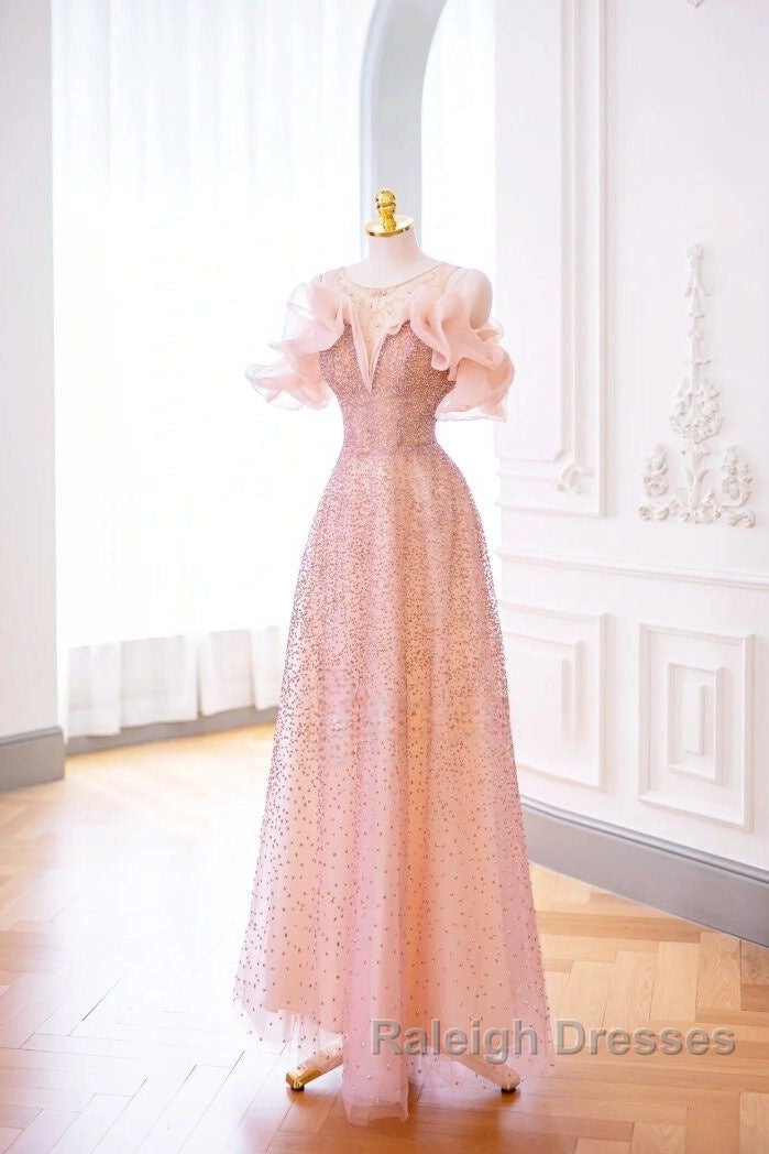Luxurious A Line Off The Shoulder Pink Tulle Long Prom Dress