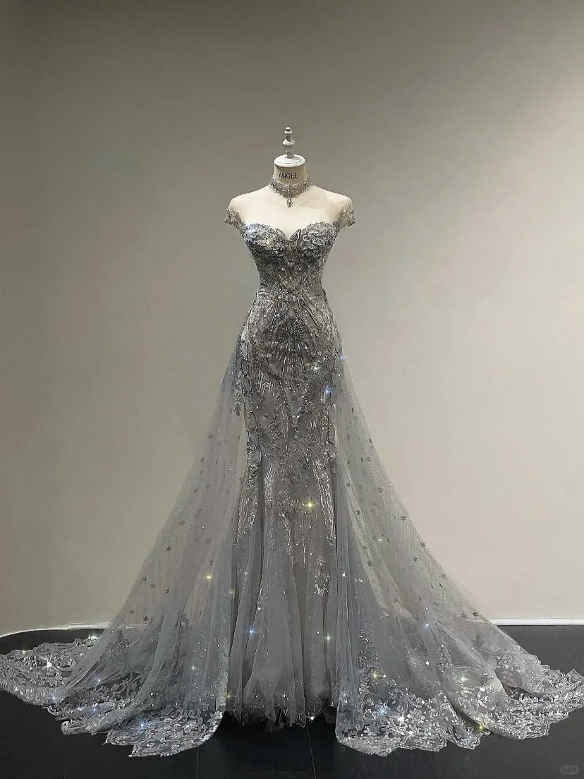 Luxurious And Sparkling Silver Mermaid Off-Shoulder Beaded Train Wedding Dress