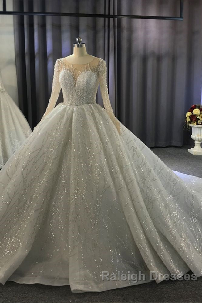 Luxurious Ball Gown Long Sleeves Crystal Beading Wedding Dresses A Line Classic