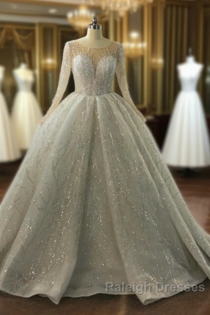 Luxurious Ball Gown Long Sleeves Crystal Beading Wedding Dress A line Classic Main image