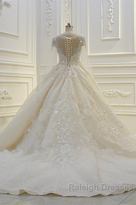 Luxurious Ball Gown Long Sleevess Lace Applqiues Beadings Wedding Dresses