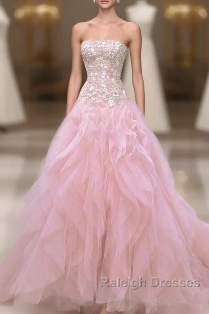 Luxurious Ball Gown Strapless Pink Tulle Long Prom Dress Main image