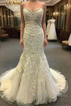 Luxurious Beaded Sweetheart Mermaid Court Train Wedding Dresses Lace Embroidery