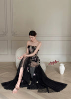 Luxurious Black A-Line 3D Floral Sequin Strapless Tulle Long Formal Prom Dress
