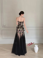 Luxurious Black A-Line 3D Floral Sequin Strapless Tulle Long Formal Prom Dress