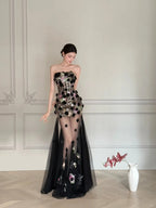 Luxurious Black A-Line 3D Floral Sequin Strapless Tulle Long Formal Prom Dress