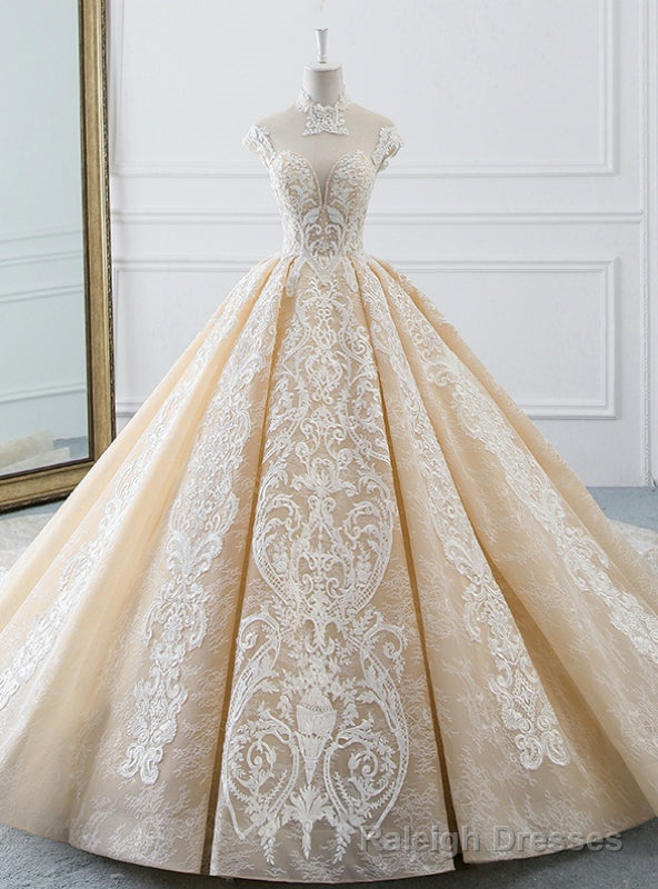 Luxurious Champagne Ball Gowns Tulle Lace Appliques Backless High Neck Wedding Dress