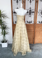 Luxurious Champagne Gold A-Line Strapless Embroidered Lace Tulle Long Formal Prom Dress