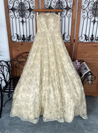 Luxurious Champagne Gold A-Line Strapless Embroidered Lace Tulle Long Formal Prom Dress