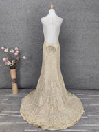Luxurious Champagne Gold Crew Neck Rhinestone Lace Train Formal Prom Dress