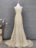 Luxurious Champagne Gold Crew Neck Rhinestone Lace Train Formal Prom Dress