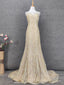 Luxurious Champagne Gold Crew Neck Rhinestone Lace Train Formal Prom Dress