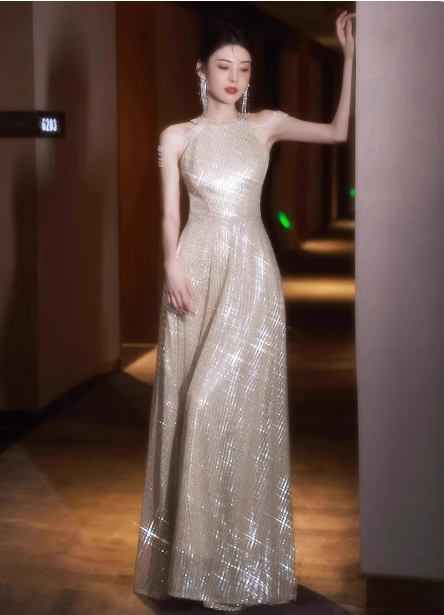 Luxurious Champagne Gold Halter Cold Shoulder Sequined Long Formal Prom Dress Secondary image