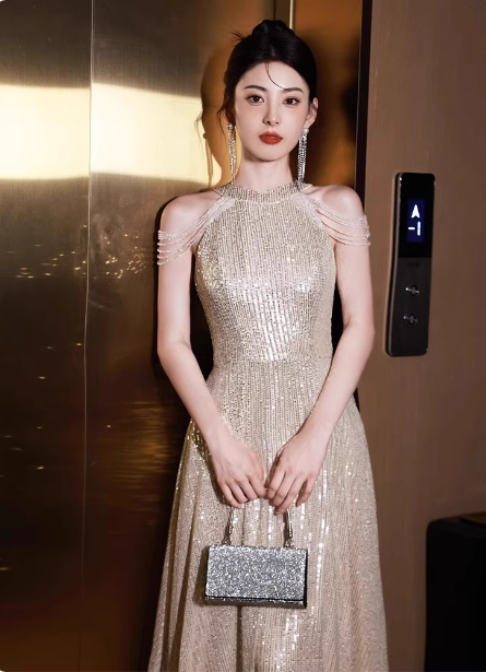 Luxurious Champagne Gold Halter Cold Shoulder Sequined Long Formal Prom Dress
