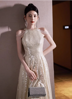 Luxurious Champagne Gold Halter Cold Shoulder Sequined Long Formal Prom Dress