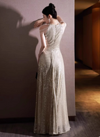 Luxurious Champagne Gold Halter Cold Shoulder Sequined Long Formal Prom Dress