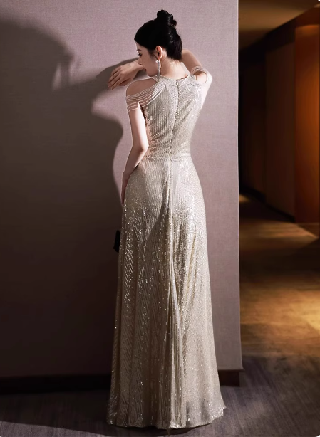 Luxurious Champagne Gold Halter Cold Shoulder Sequined Long Formal Prom Dress