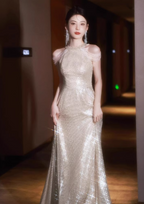 Luxurious Champagne Gold Halter Cold Shoulder Sequined Long Formal Prom Dress
